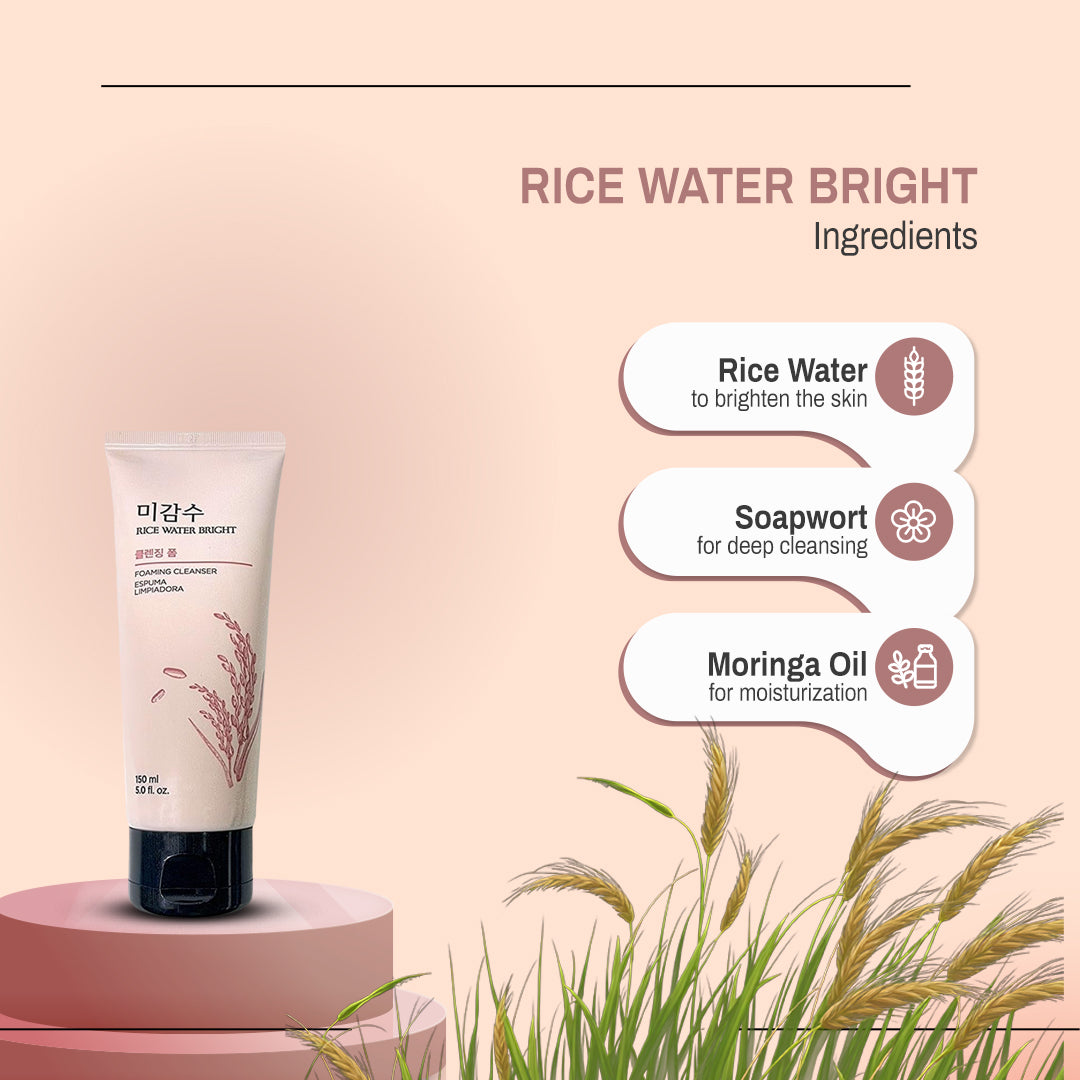 Rice Water Bright Foaming Cleanser The Face Shop Vegan Face Cleanser, Makeup Remover, and Gentle Face Wash for Hydration and Moisture 150ml